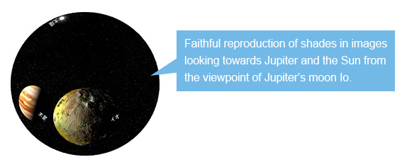 Faithful reproduction of shades in images looking towards Jupiter and the Sun from the viewpoint of Jupiter’s moon Io.