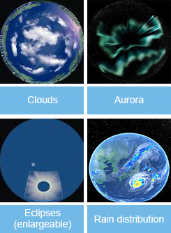 Clouds / Aurora / Eclipses (enlargeable) / Rain distribution