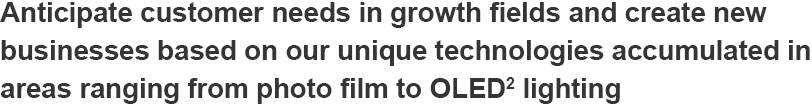 Anticipate customer needs in growth fields and create new businesses based on our unique technologies accumulated in areas ranging from photo film to OLED 2 lighting