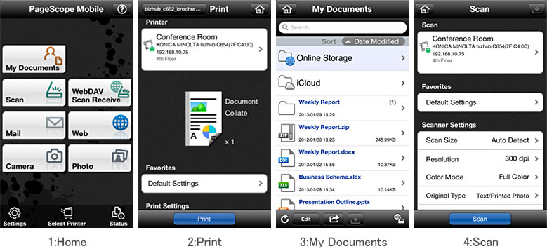 1:Home, 2:Print, 3:My Documents, 4:Scan