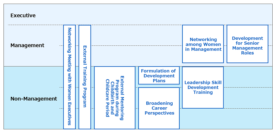 Diagram showing development programs placed according to career stage, from junior employees to executives, supporting the step-by-step development and career formation of women employees