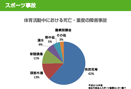 スポーツ事故：体育活動中における死亡・重度の障害事故の割合の図