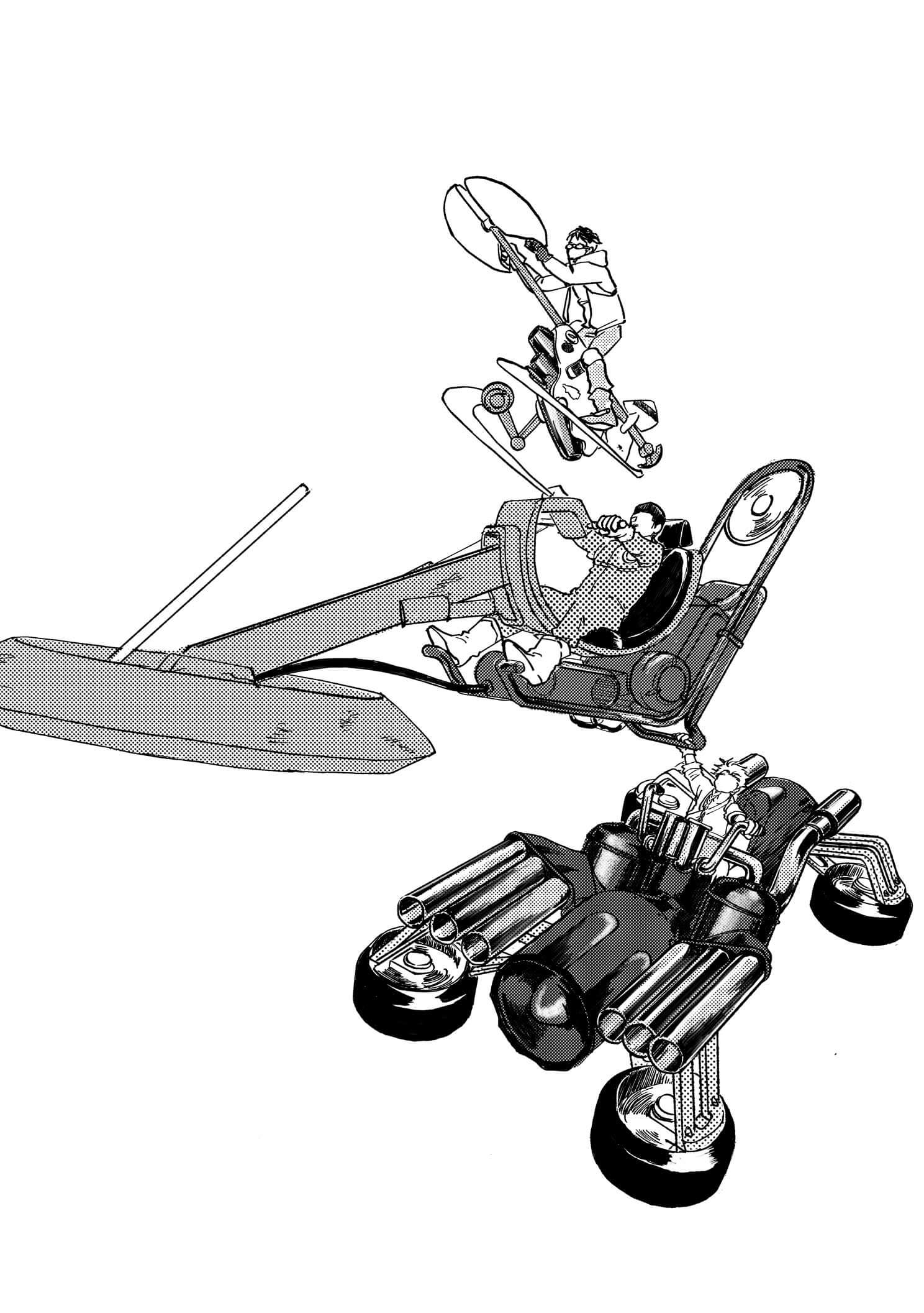 P28：突然現れたもうひとつのゼログラバイク。 現れた機体のライダーが駿の機体を掴んだ俵の機体をつかみ、三つの機体が空中で停止し、連なっている。 