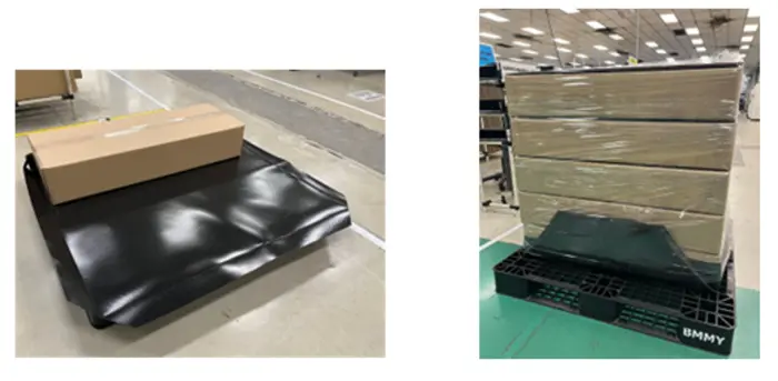 木製パレットに代えて用いる薄い樹脂製のシートパレットに段ボール箱を載せた様子と、シートパレットで積み上げた荷物を樹脂パレットに載せて出荷する様子の２枚の写真