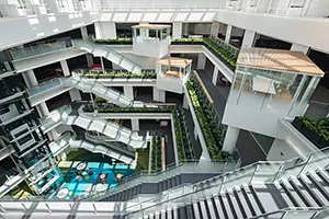 吹き抜けの研究棟内部を上階から見下ろした写真。各階の通路に植栽が並ぶ
