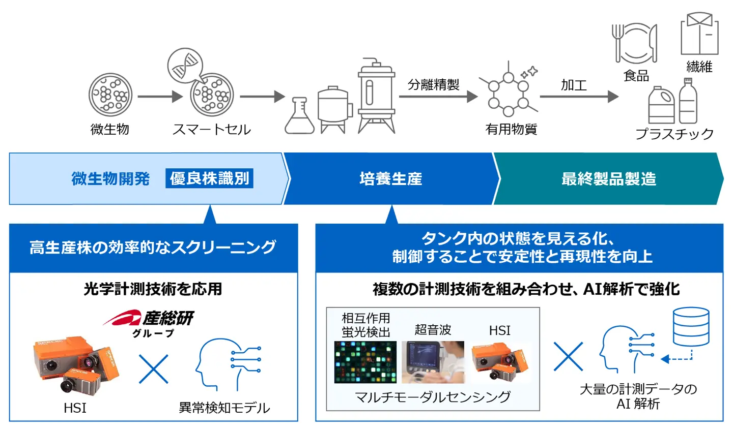 バイオものづくりの工程を微生物開発（優良株識別）・培養生産・最終製品製造の３段階で示し、コニカミノルタが優良株識別ではHSIなどの光学計測とAIで高生産株をスクリーニング、培養生産ではマルチモーダルセンシングとAI解析でタンク内を見える化・制御して支援することを示した図