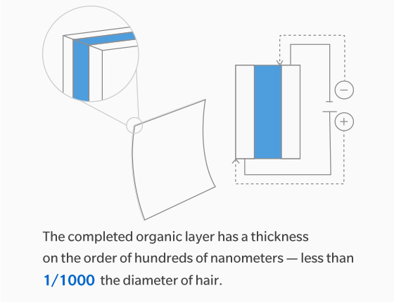 The completed organic layer has a thickness on the order of hundreds of nanometers — less than 1/1000 the diameter of hair.